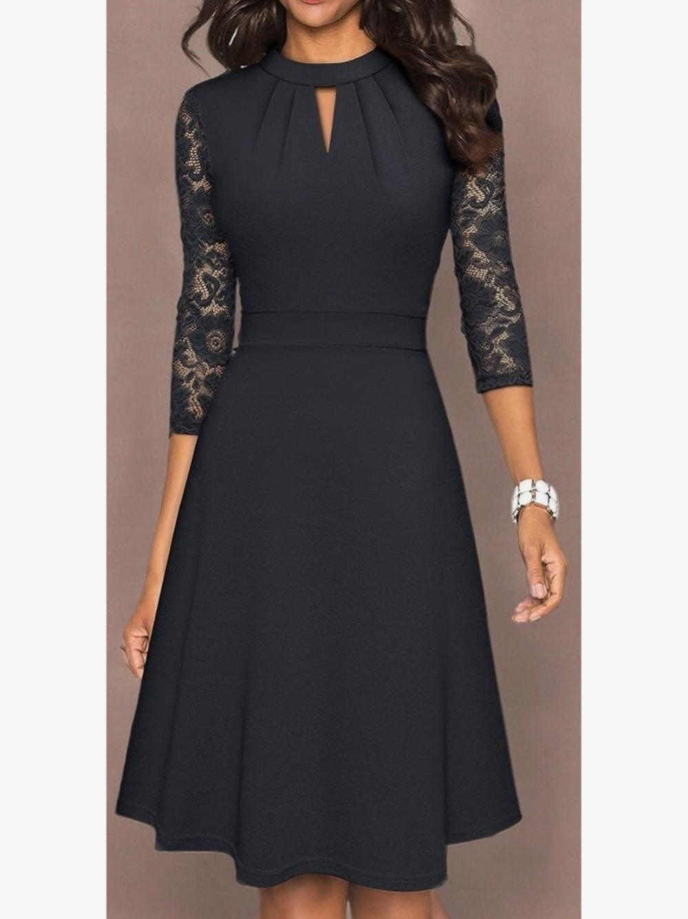 Elegant Black Midi Dress with Lace Three-Quarter Sleeves